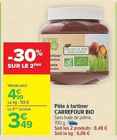 Pâte à tartiner CARREFOUR BIO Sans huile de palme, 700 g.