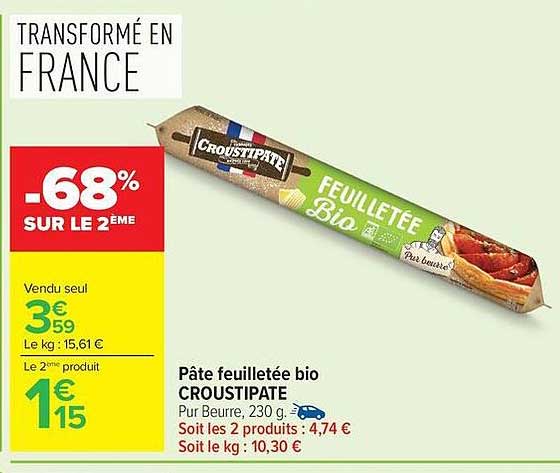 Pâte feuilletée bio CROUSTIPATE Pur Beurre, 230 g