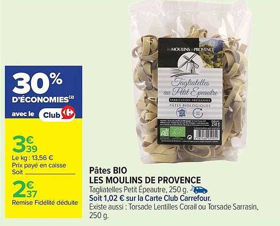 Pâtes BIO LES MOULINS DE PROVENCE Tagliatelles Petit Épeautre, 250 g