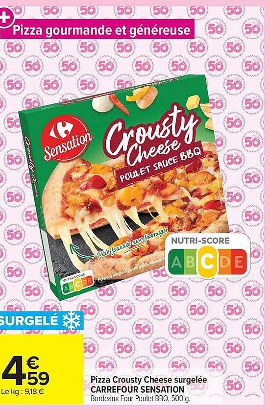 Pizza Crousty Cheese surgelée CARREFOUR SENSATION Bordeaux Four Poulet BBQ, 500 g.