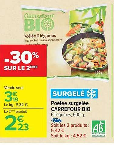 Poêlée surgelée CARREFOUR BIO 6 légumes, 600 g.