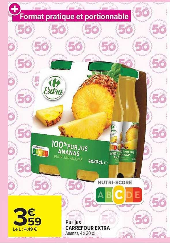 Pur jus CARREFOUR EXTRA Ananas, 4 x 20 cl