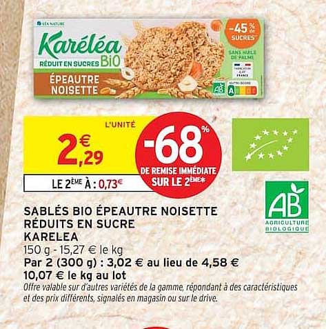 SABLÉS BIO ÉPEAUTRE NOISETTE RÉDUITS EN SUCRE KARELEA