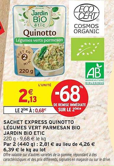 SACHET EXPRESS QUINOTTO LÉGUMES VERT PARMESAN BIO JARDIN BIO ETIC