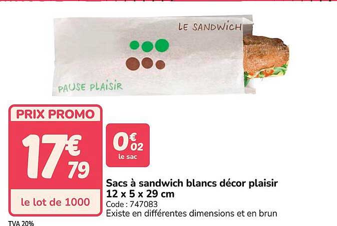 Sacs à sandwich blancs décor plaisir 12 x 5 x 29 cm