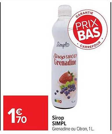 Sirop SIMPL Grenadine ou Citron, 1L.