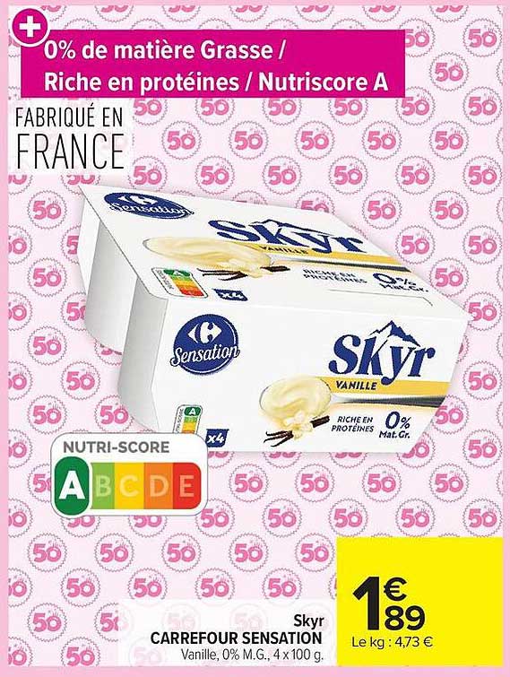 Skyr CARREFOUR SENSATION Vanille, 0% M.G., 4 x 100 g.