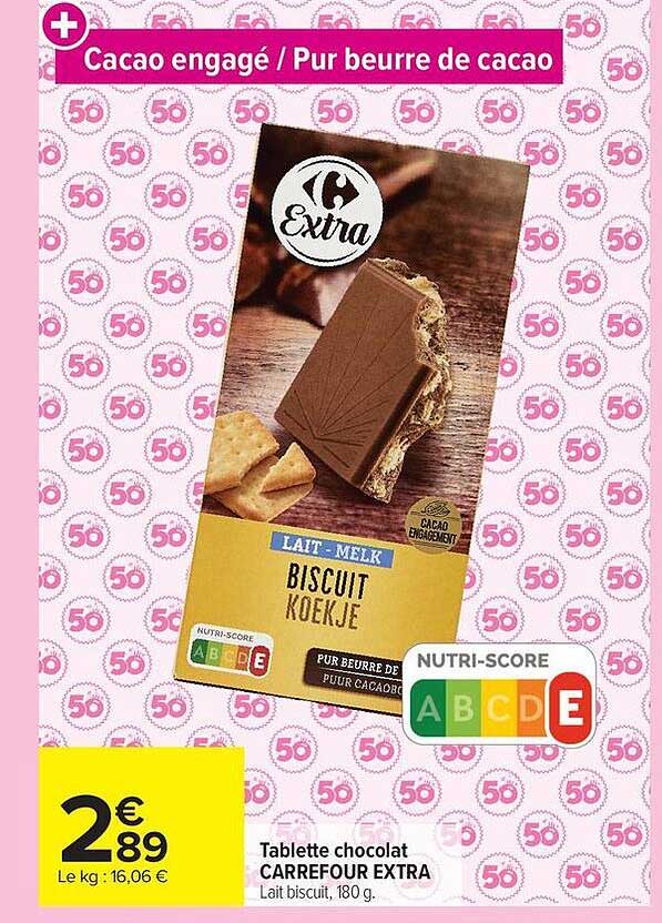 Tablette chocolat CARREFOUR EXTRA Lait biscuit, 180 g.