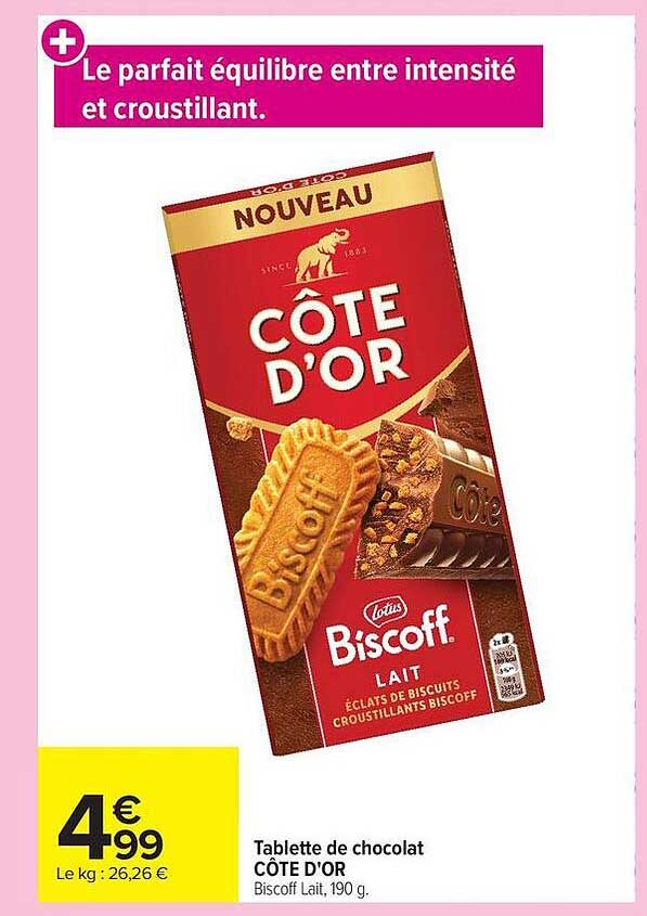 Tablette de chocolat CÔTE D'OR Biscoff Lait, 190 g.