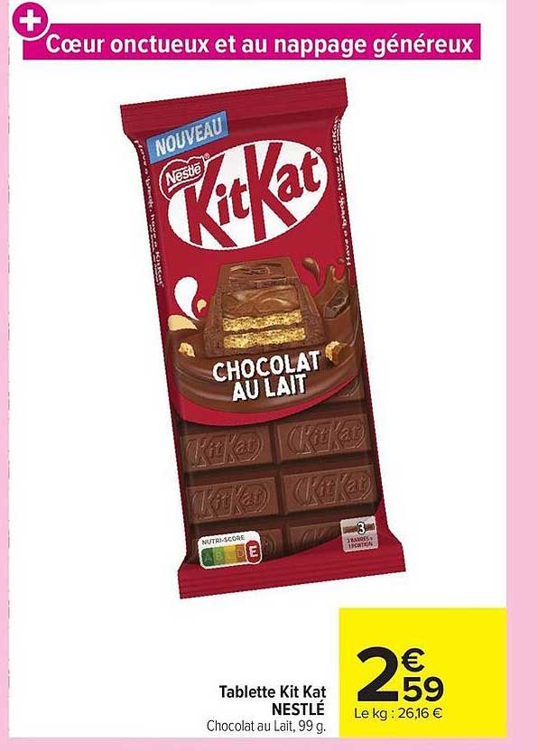 Tablette Kit Kat NESTLÉ Chocolat au Lait, 99 g