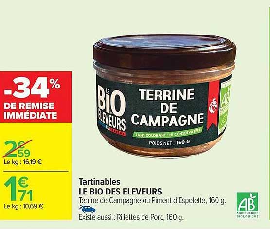 Tartinables LE BIO DES ELEVEURS Terrine de Campagne ou Piment d'Espelette, 160 g