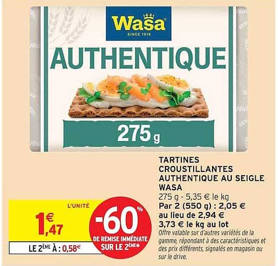 TARTINES CROUSTILLANTES AUTHENTIQUE AU SEIGLE WASA 275 g