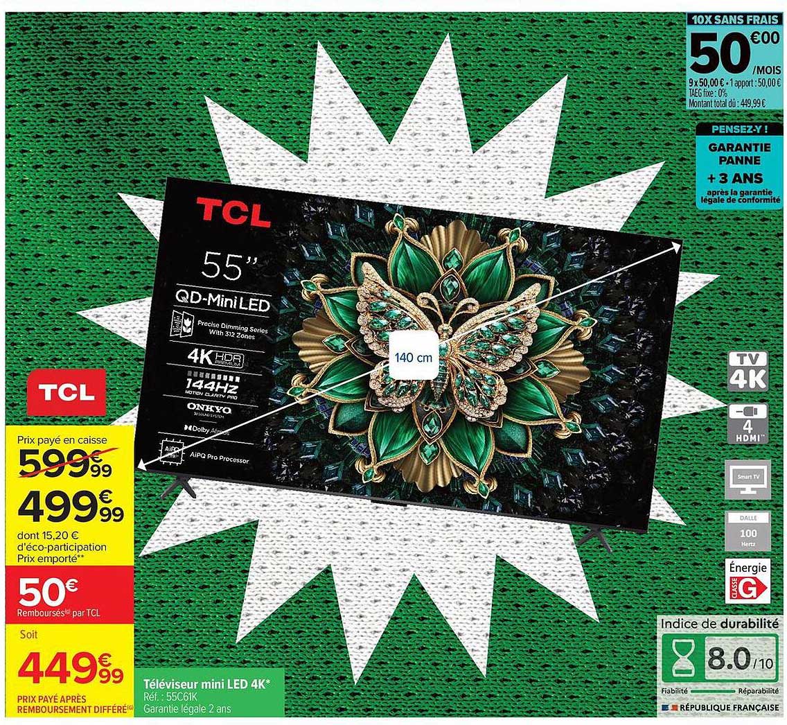 Téléviseur mini LED 4K TCL 55" QD-Mini LED