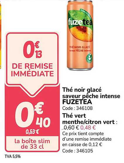 Thé noir glacé saveur pêche intense FUZE TEA