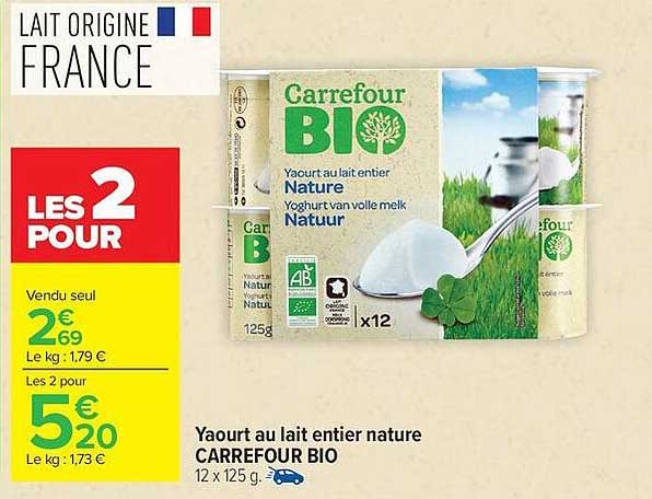 Yaourt au lait entier nature CARREFOUR BIO
