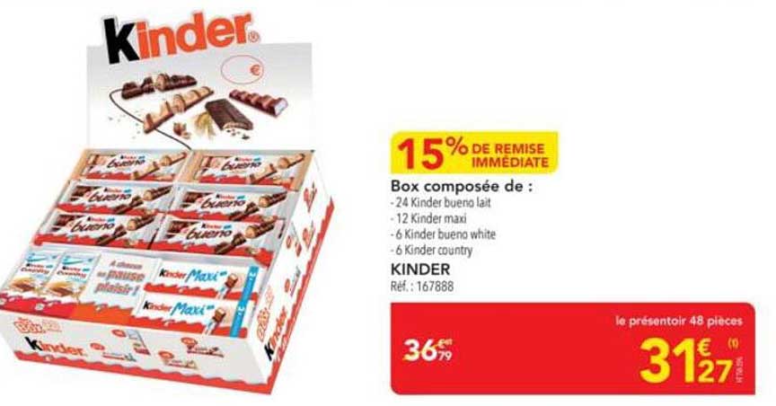 Box composée de : 24 Kinder bueno lait - 12 Kinder maxi - 6 Kinder bueno white - 6 Kinder country