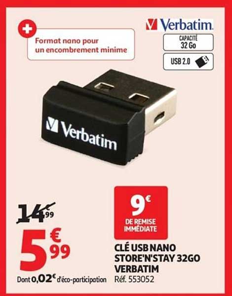 CLÉ USB NANO STORE'N'STAY 32GO VERBATIM
