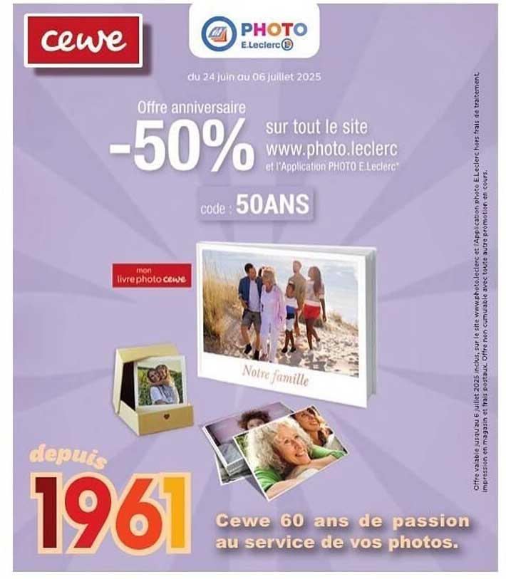 Offre anniversaire -50% sur tout le site www.photo.leclerc et l’Application PHOTO E.Leclerc
