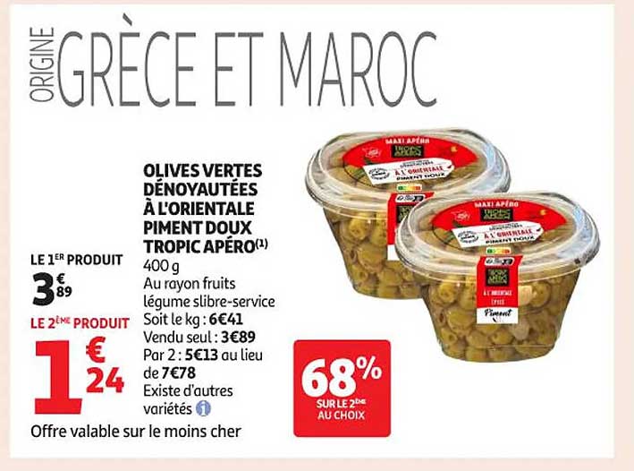 OLIVES VERTES DÉNOYAUTÉES À L'ORIENTALE PIMENT DOUX TROPIC APÉRO