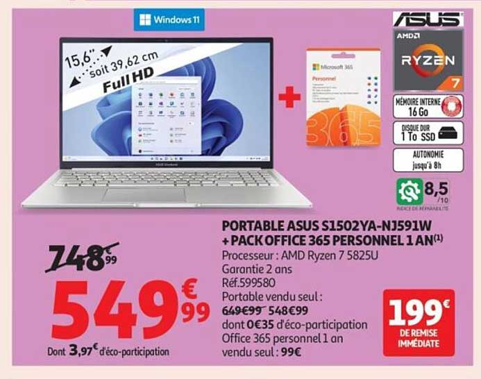 PORTABLE ASUS S1502YA-NJ591W + PACK OFFICE 365 PERSONNEL 1 AN