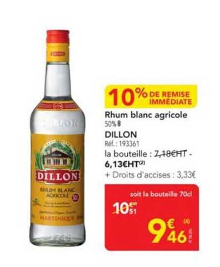 Rhum blanc agricole 50% - DILLON