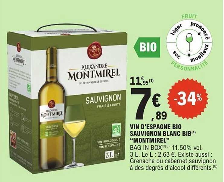 VIN D'ESPAGNE BIO SAUVIGNON BLANC BIB "MONTMIREL"