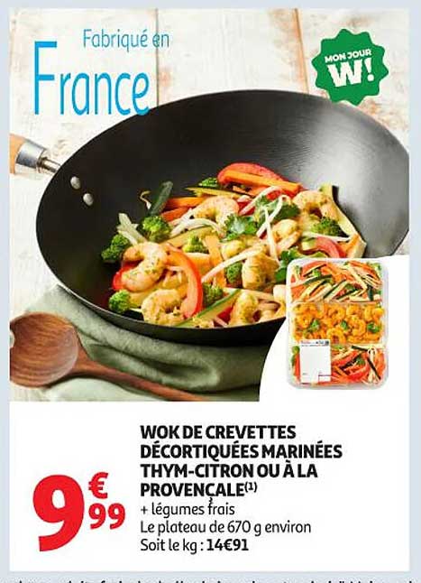 Wok de crevettes décortiquées marinées thym-citron ou à la Provençale