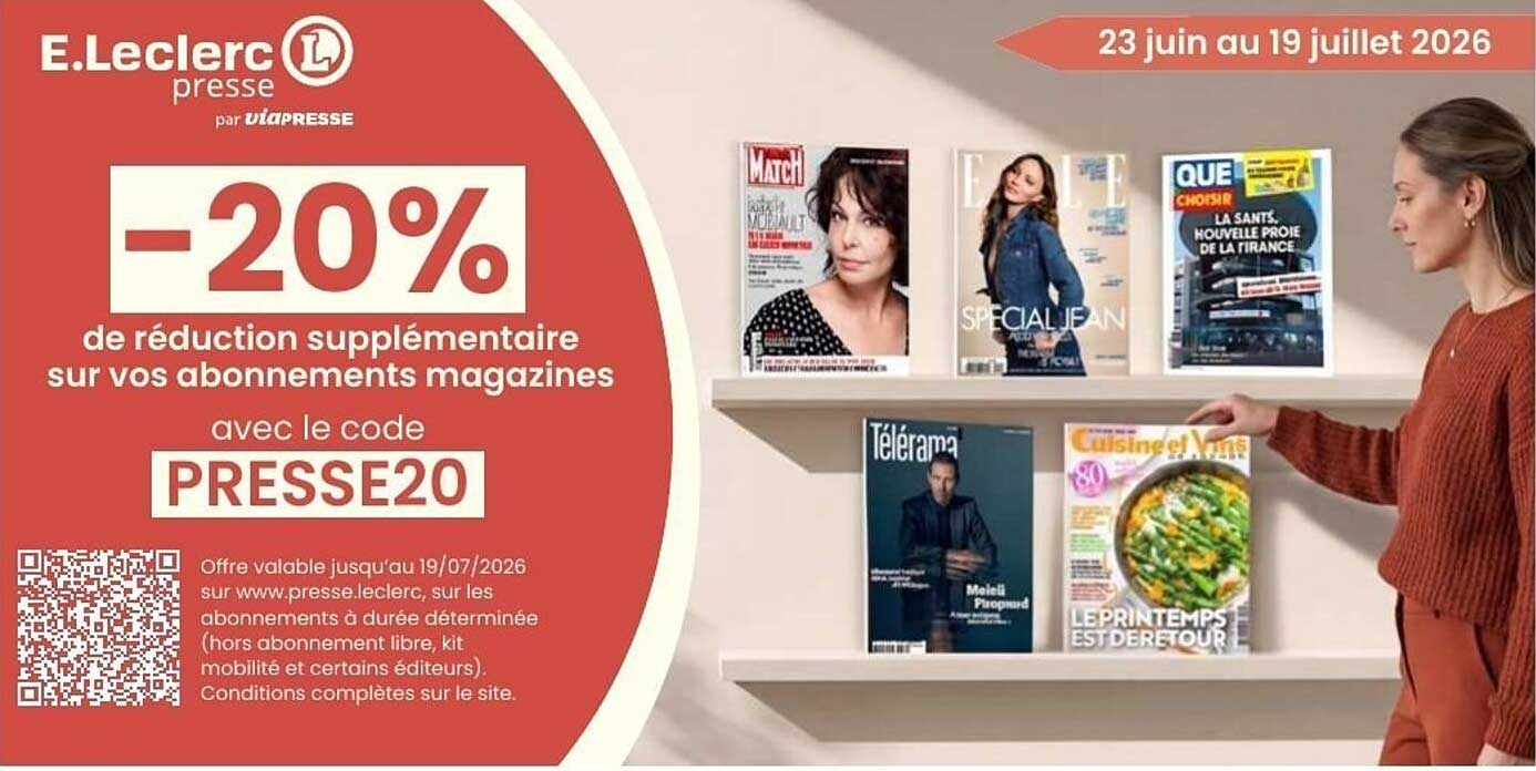 -20% de réduction supplémentaire sur vos abonnements magazines avec le code PRESSE20