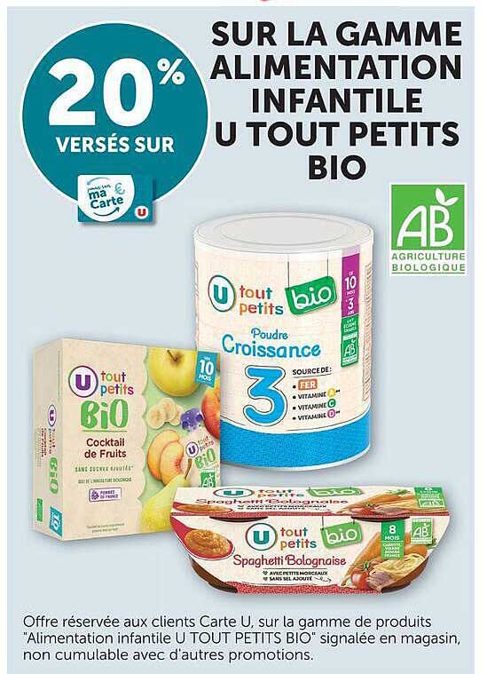 20% VERSÉS SUR SUR LA GAMME ALIMENTATION INFANTILE U TOUT PETITS BIO