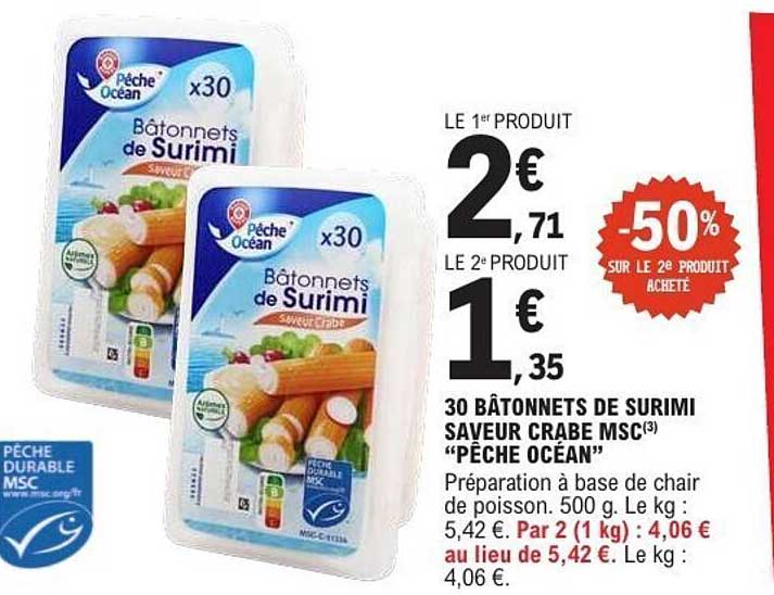 30 BÂTONNETS DE SURIMI SAVEUR CRABE MSC “PÊCHE OCÉAN”