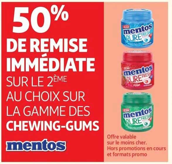 50% DE REMISE IMMÉDIATE SUR LE 2ÈME AU CHOIX SUR LA GAMME DES CHEWING-GUMS mentos