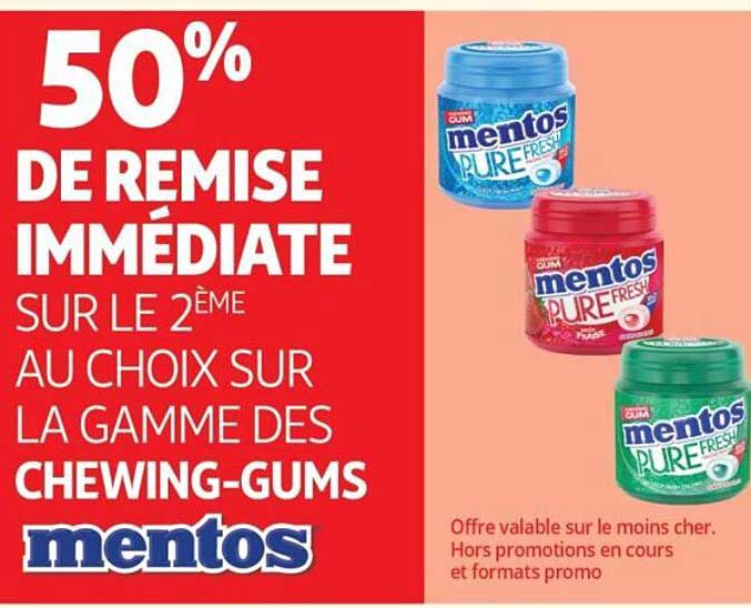 50% DE REMISE IMMÉDIATE SUR LE 2ÈME AU CHOIX SUR LA GAMME DES CHEWING-GUMS mentos