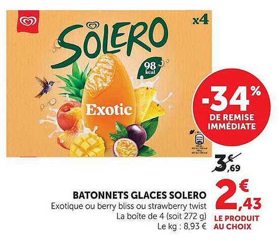 BATONNETS GLACES SOLERO Exotique ou berry bliss ou strawberry twist