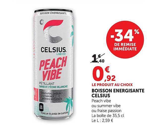 BOISSON ENERGISANTE CELSIUS Peach vibe ou summer vibe ou fraise passion La boite de 35,5 cl