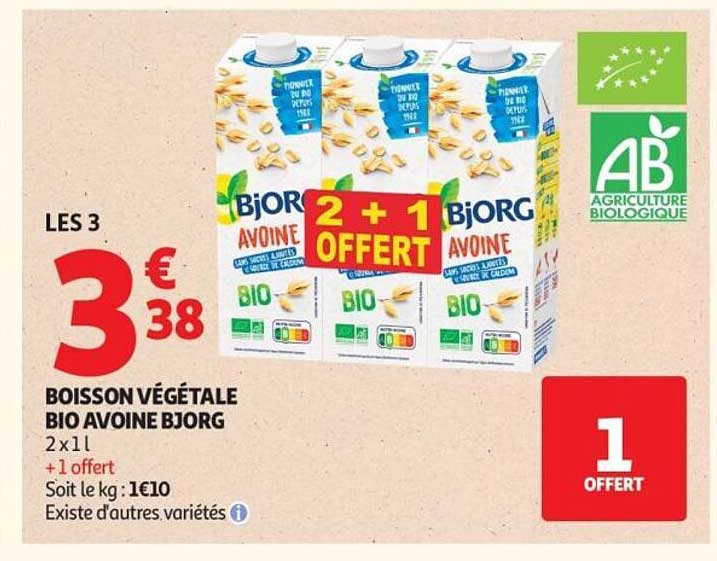 BOISSON VÉGÉTALE BIO AVOINE BJORG 2 x 1 l + 1 offert