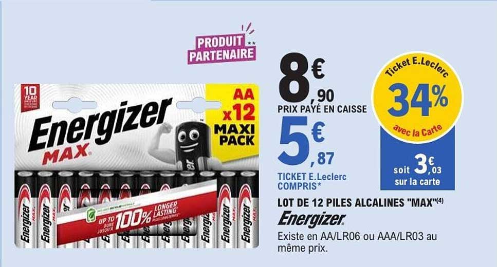 LOT DE 12 PILES ALCALINES "MAX" Energizer