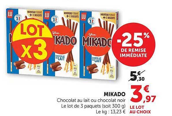 MIKADO Chocolat au lait ou chocolat noir Le lot de 3 paquets (soit 300 g) Le kg : 13,23 € Le lot au choix