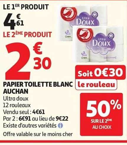 PAPIER TOILETTE BLANC AUCHAN Ultra doux 12 rouleaux