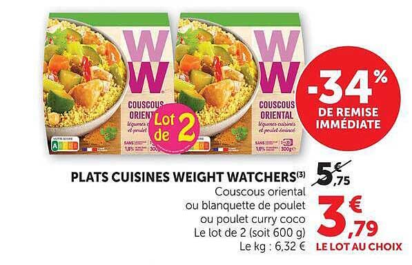 PLATS CUISINES WEIGHT WATCHERS(3) Couscous oriental ou blanquette de poulet ou poulet curry coco Le lot de 2 (soit 600 g)