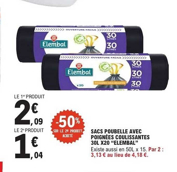 SACS POUBELLE AVEC POIGNÉES COULISSANTES 30L X20 “ELEMBAL”