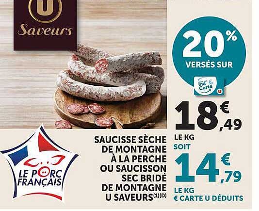 SAUCISSE SÈCHE DE MONTAGNE À LA PERCHE OU SAUCISSON SEC BRIDÉ DE MONTAGNE U SAVEURS