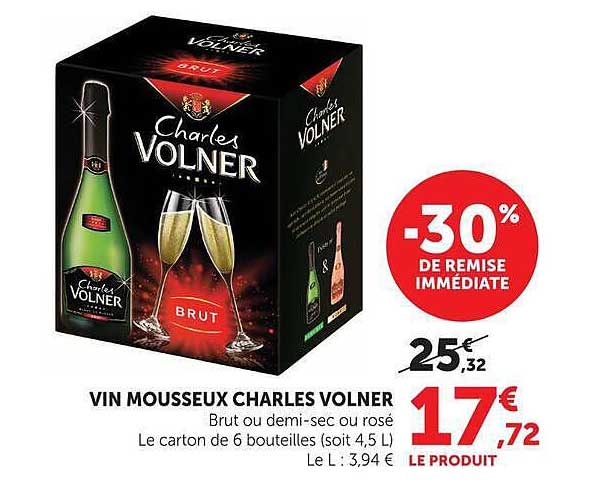 VIN MOUSSEUX CHARLES VOLNER Brut ou demi-sec ou rosé Le carton de 6 bouteilles (soit 4,5 L)