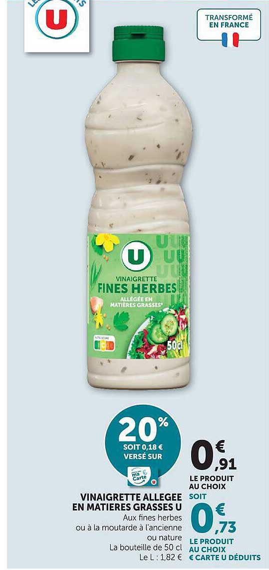 Vinaigrette allégée en matières grasses U aux fines herbes ou à la moutarde à l'ancienne ou nature