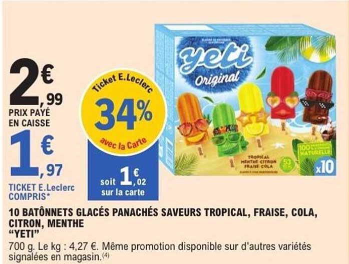 10 bâtonnets glacés panachés saveurs tropical, fraise, cola, citron, menthe “YETI”