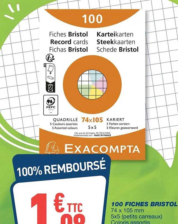 100 FICHES BRISTOL 74 x 105 mm 5x5 (petits carreaux) Coloris assortis