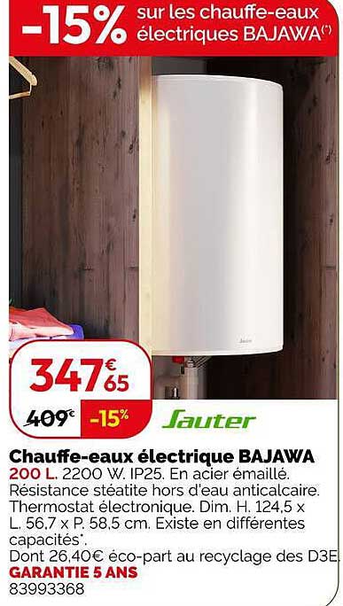 -15% sur les chauffe-eaux électriques BAJAWA