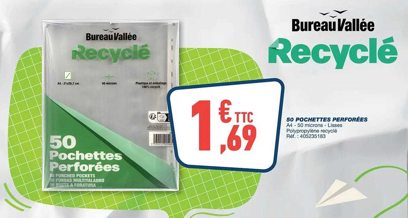 50 Pochettes perforées A4 - 50 microns - Lisses - Polypropylène recyclé