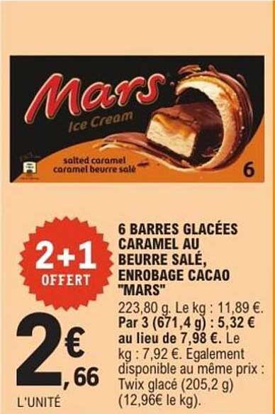6 barres glacées caramel au beurre salé, enrobage cacao "Mars"