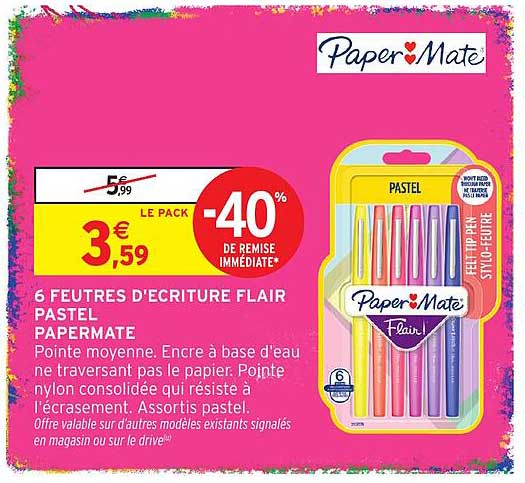 6 FEUTRES D'ECRITURE FLAIR PASTEL PAPERMATE