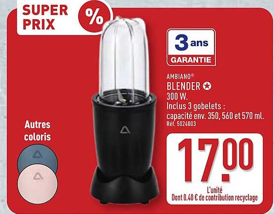 AMBIANO® BLENDER 300 W. Inclus 3 gobelets : capacité env. 350, 560 et 570 ml.